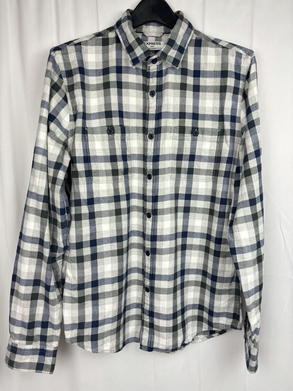 Express Men's Flannel Shirt Gray Blue Plaid Collared Button Up Size M